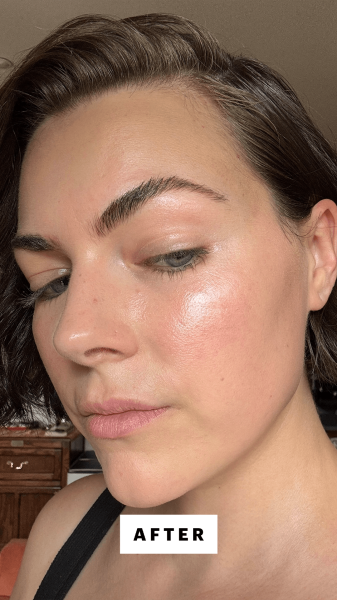 Allure senior news editor Nicola DallAsen after applying the Armani Beauty Luminous Silk Acqua Highlighter